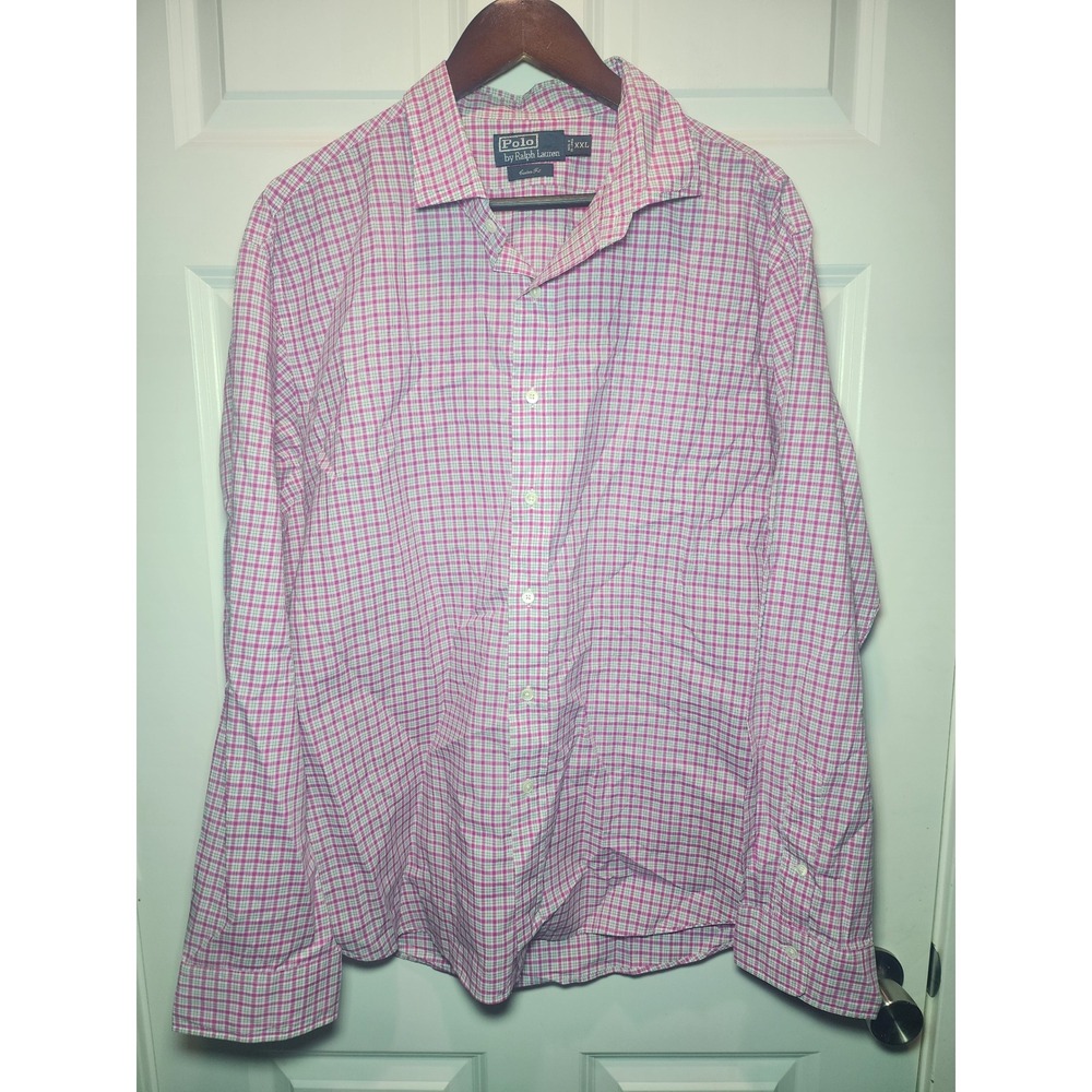 Polo Ralph Lauren Mens XXL Custom Fit Plaid Button Down Shirt Pink White Vintage